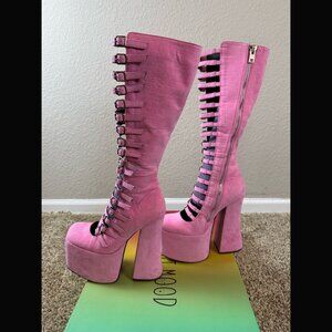 Dolls Kill Current Mood Pink Platform Gladiator Boots 6" Heel Fabric Kawaii 8